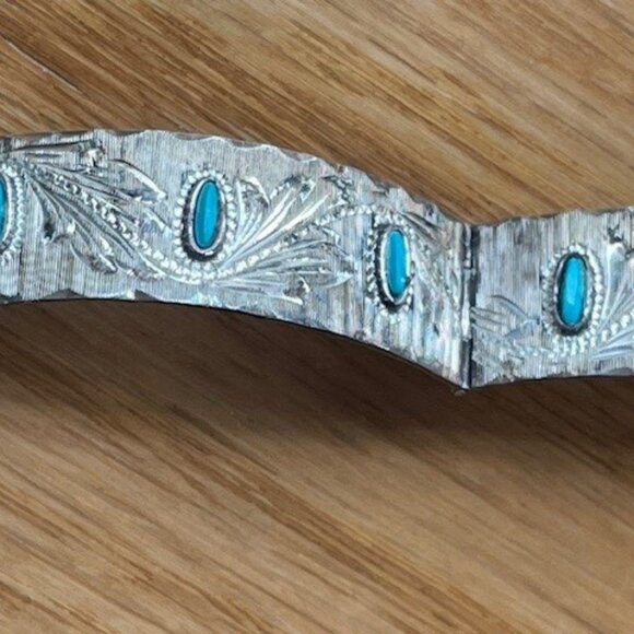 Vtg. MEXICO 4 Panel Cuff Bracelet TURQUOISE INLAYS Artisan MMS and Eagle - Picture 3 of 11